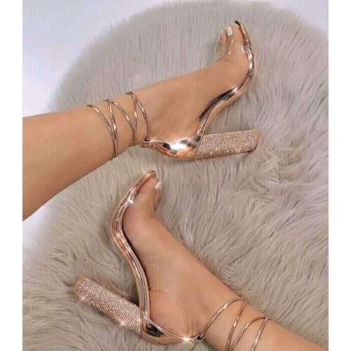 2021 hot selling crystal embellishe thick heels sandal for woman sexy open toe pvc patchwork lace-up gladiator shoes silver