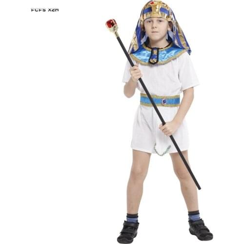 White M-XL Boys Halloween Egyptian Pharaoh Costumes Kids Children Egyptian traditional King Cosplay Carnival Purim Party dress