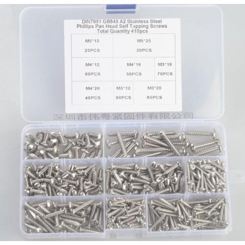 Free shipping 410 pcs 304 stainless steel m3 /4/5 cross countersunk flat head self tapping screw sets
