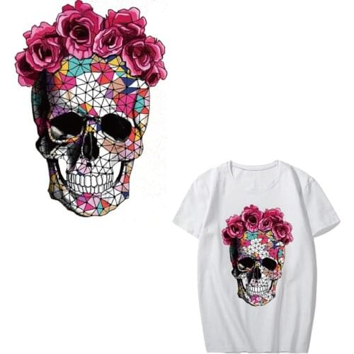 Skull Iron on Patches for Clothing Fabric Badge DIY Stickers on Clothes Flowers Jeans Washable Decoration Heat Transfer Parches
