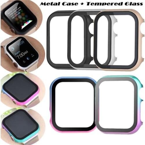 For Apple Watch Series 6 5 4 3 2 1 SE Slim Hard Metal Tempered Glass Full Screen Protector Protect Bumper Case Cover