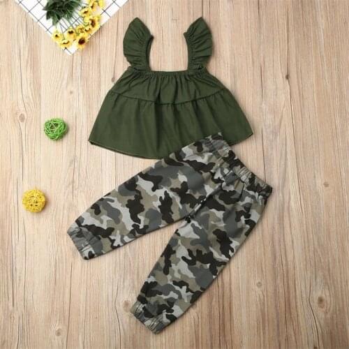 Toddler Kids Baby Girl Casual Cotton Ruffle Sleeveless Tank Crop Tops Camouflage Pants Leggings 2Pcs Outfits Clothes Sets 1-6T