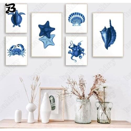 Blue Sea Creatures Posters and Prints Nautical Watercolor Aquarium Decor Marine Life Starfish Coral Tortoise Art Canvas Painting