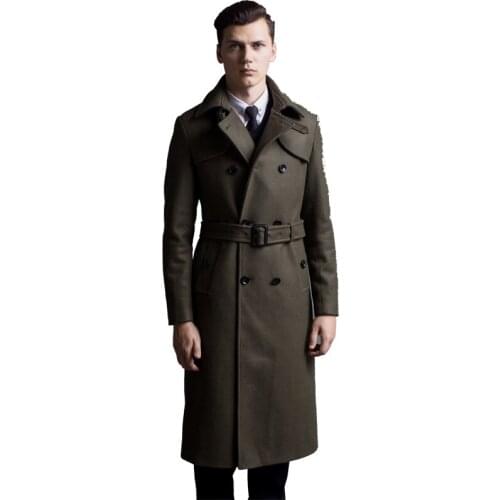 Hot Long Section Wool Coat Male Army Green 2020 Autumn And Winter New England Double Breasted Woolen Jacket Long Sleeves Trench
