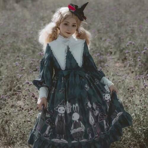 Royal fairy japanese style soft sister lolita dress female mori girls Shirayuki mushroom pattern printed gown dress F1305