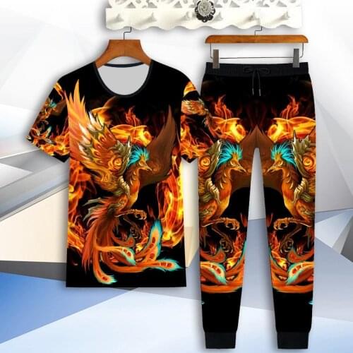 3D fire phoenix print mens casual suit summer short-sleeved T-shirt + trousers 2-piece trendy Chinese style mens clothing