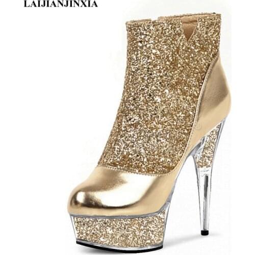 LAIJIANJINXIA New Dance Boots 15 cm High Heels Glitter Fashion Women Boots Sexy Ankle Boots Party Model Pole Dancing Shoes