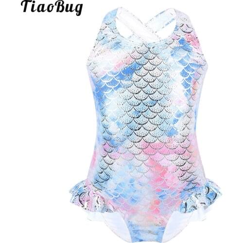 Summer Kids Girls One-Piece Sleeveless Sparkly Mermaid Fish Scales Pattern Printed Swimsuit Swimwear Bathing Suit Beach Dress
