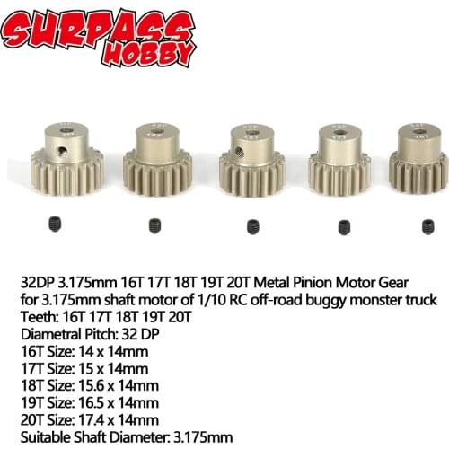 SURPASS HOBBY 5Pcs 32DP 3.175mm 12T 13T 14T 15T 16T 17T 18T 19T 20T Metal Pinion Motor Gear Set for 1/10 RC Car Truck