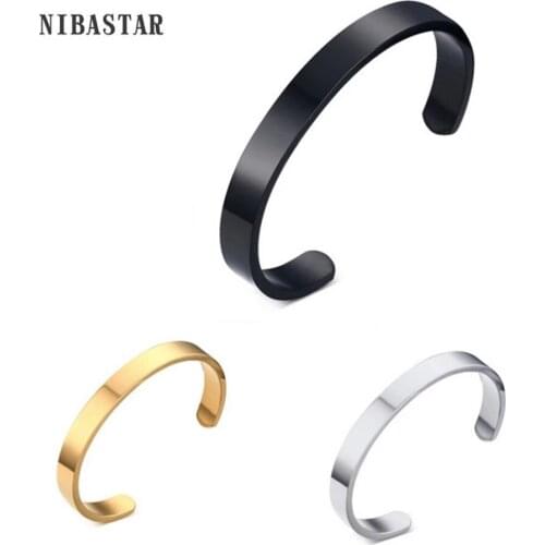 NIBASTAR Men Open Flat Bracelet High Quality Stainless Steel Fashion Classic Cuff Bangle Jewelry Wholesale