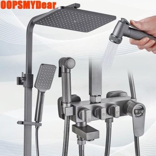 Gun Gray Shower Set Bathroom Hot Cold Shower System Wall Mount SPA Rain Fall Bath Faucet Bathtub Square Head Luxury Torneiras