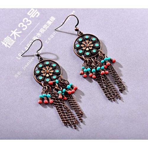 New Womens Vintage Bronze Tassel Stone Beaded Earrings Retro Round Flower Long Turquoises Earrings Indian Jewelry Pakistani