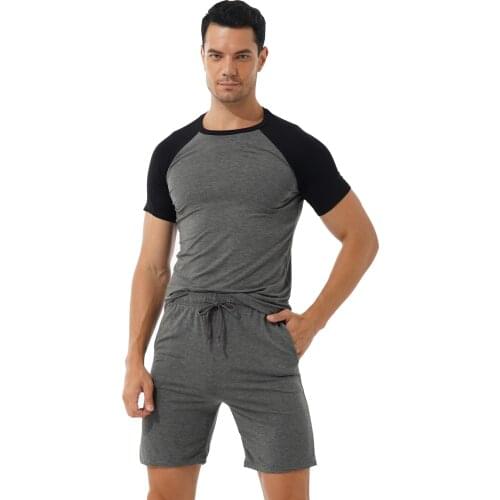 Summer Mens Sets Casual Pajama Set Sleepwear Homewear Contrast Color Round Neck Short Sleeve T-shirt with Drawstring Shorts