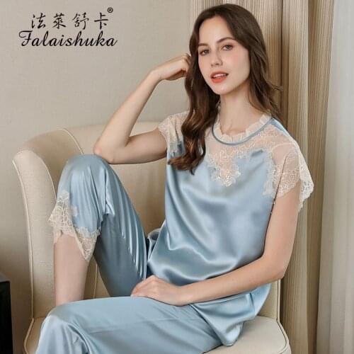 19 Momme 100% genuine silk pajamas sets women sleepwear summer sexy lace Short sleeve Mulberry Silk women pyjamas T8288