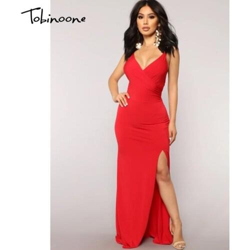 Tobinoone Spaghetti Strap Sexy Bodycon Dress Sleeveless V-Neck Autumn Long Dress Backless High Slit Beach Casual Women Dress