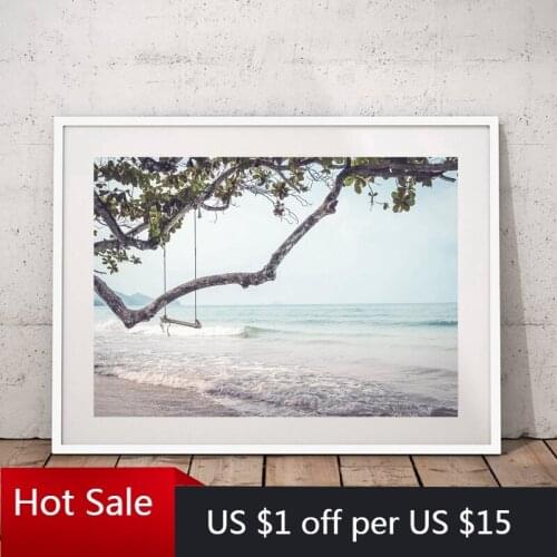 Beach Swing Black White Photography Coastal Beach Sea Side Landscape Canvas Painting Wall Art Prints Poster Aesthetic Room Decor