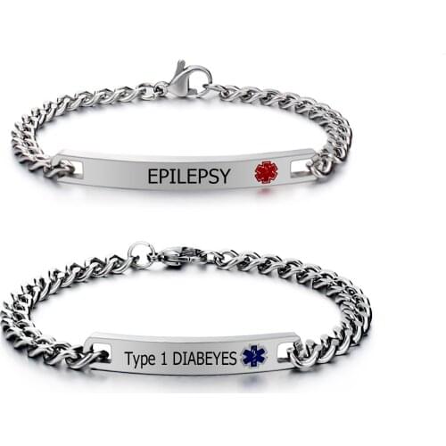 Custom Epilepsy Medical Bracelet Emergency ID Men Jewelry TYPE 1 DIABETES ALLERGY