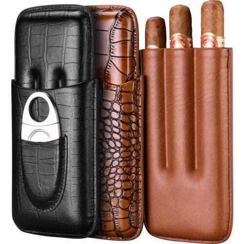 Portable Leather Cigar Case 2 Tube Holder Cigars Humidor Box with Metal Cigar Cutter TH-1002