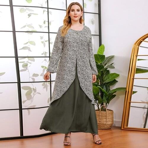 Plus size womens clothing comfortable fake two-piece printed long-sleeved Europe Women dress long skirt