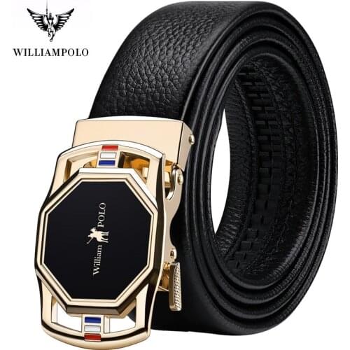 WILLIAMPOLO full-grain leather Top Quality Luxury Brand designer Genuine Leather Belts for Men Strap Male Metal Automatic Buckle
