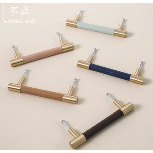 Handmade leather+ brass Handles Drawer Cabinet Knobs Kitchen Door Handle Cupboard Wardrobe Pull Handles Furniture Hardware