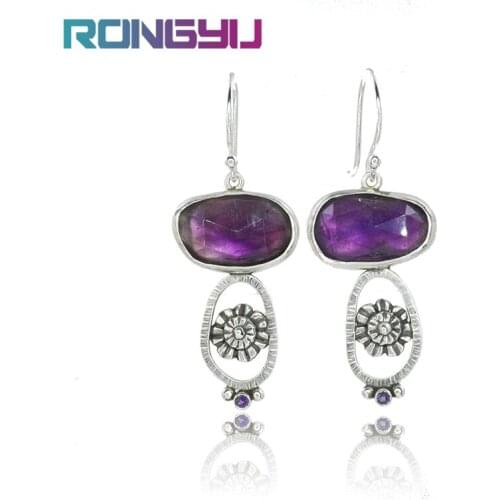 Bohemian Amethyst Geometry Pendants Drop Earrings Electroplating 925 Ancient Silver Elegant Flower Bride Earrings Femme Gifts