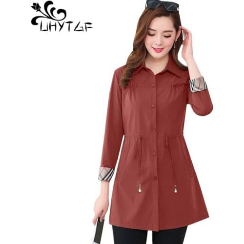 UHYTGF Spring autumn trench coat for women fashion Slim thin top Solid color Wild Casual women coat Loose plus size outerwear 96