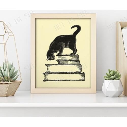 Vintage Black Cat Print • Cat on Stack of Books Wall Art • Antique Manilla Cat Poster • Read Reading Literature Bookstore Cat