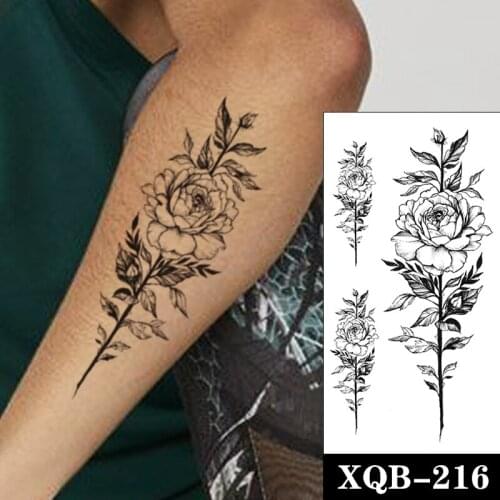 Temporary Tattoo Stickers Black Peony Rose Flowers Branches and Leaves Fake Tattoos Waterproof Tatoos Arm Large Size Women Girl