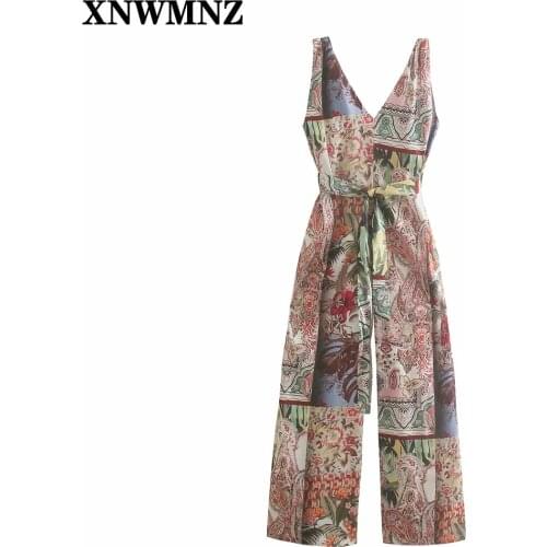 XNWMNZ Za Floral Print Loose Jumpsuit Women Sleeveless Knotted Straps Long Summer Romper Back Zip Vintage Tied Belt Jumpsuits