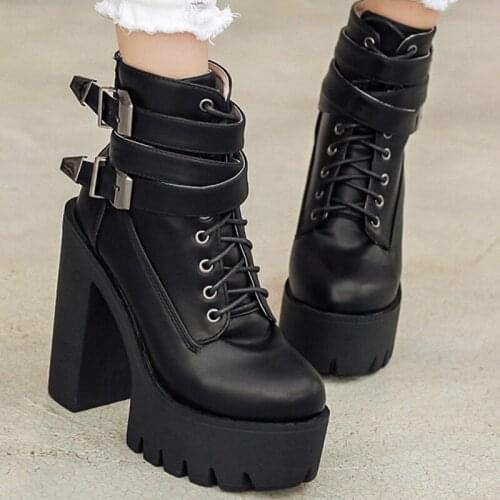 Spring Autumn Fashion Women Boots High Heels Platform Buckle Lace Up Leather Short Booties Black Ladies Shoes Promotion