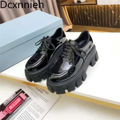 New 2021 Autumn Genuine Leather Black White Thick Bottom Casual Shoes Female British Style Platform Lace-up Simple Women Shoes