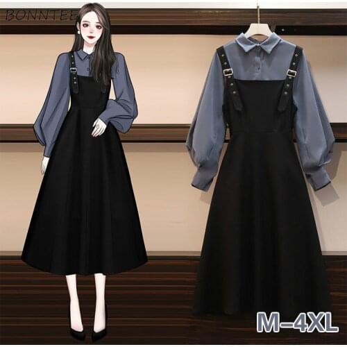 Dress Sets Women Plus Size 4XL Chic Fashion Elegant Office Lady Outfits 2 Piece Korean Fall Basic Simple Female Shirts Vestido