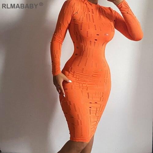 2021 Autumn Sexy Hollow Out Long Sleeve Women Bodycon Dress Skinny Simple O Neck Package Hip Streetwear Female Orange Midi Dress