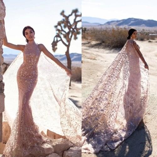 2020 Mermaid Prom Gowns With Detachable Wrap Beaded Lace Applique Sequins Party Dresses Evening Dresses