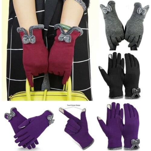 Winter Warm Thick Soft Cashmere Touch Screen Fleece Gloves For Women Warm Thermal Lined Bowknot Full Finger Gloves