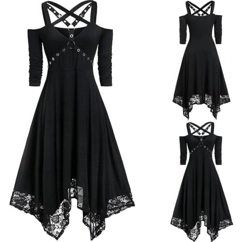 40# Women Vintage Party Dress Halloween Plus Size Open Shoulder Party Dress Lace Half Sleeve Gothic Party Dresses Ropa Mujer