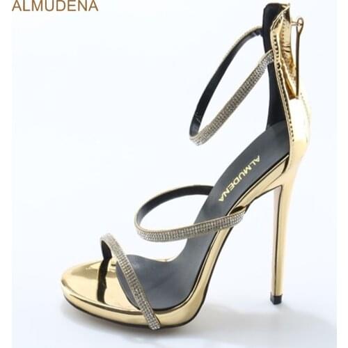 ALMUDENA Women Bling Bling Crystal Sandals Chic Triple Thin Straps Dress Shoes Stiletto Heels Gold Patent Leather Wedding Shoes