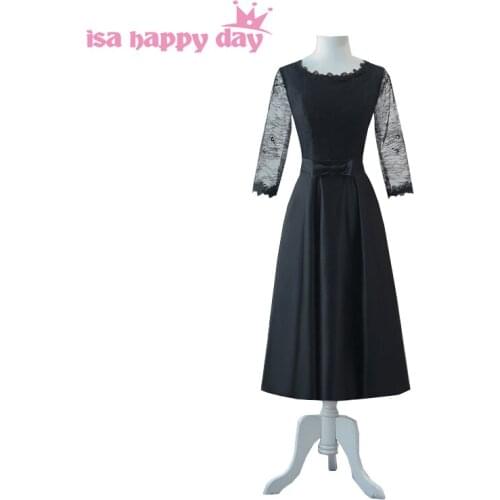 2020 sweet 16 black tea length satin homecoming dresses with lace sleeves for teens formal tea party dress 15 years 2018 H4224