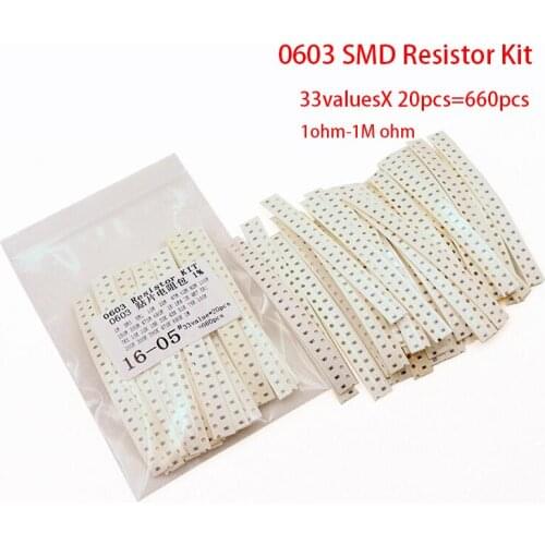 Free shipping 0603 SMD Resistor Kit Assorted Kit 1ohm-1M ohm 1% 33valuesX 20pcs=660pcs Sample Kit