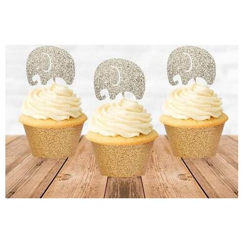 Glitter silver elephant Circus Carnival Birthday Cupcake Toppers baby shower baptism wedding Dance Party toothpicks