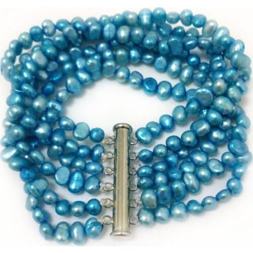 7.5 inches 6 Rows 6-7mm Blue Natural Freshwater Nugget Baroque Pearl Bracelet