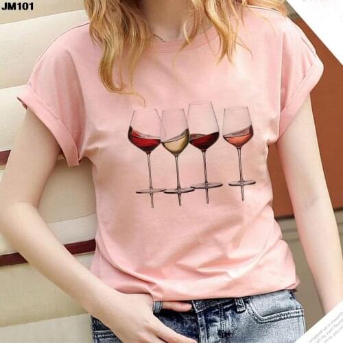 Summer Womens Print T-shirt Harajuku Casual Wine Glass Pattern Short Sleeve T Shirt Fashion 90s Pink Top Female Clothing Tshirt