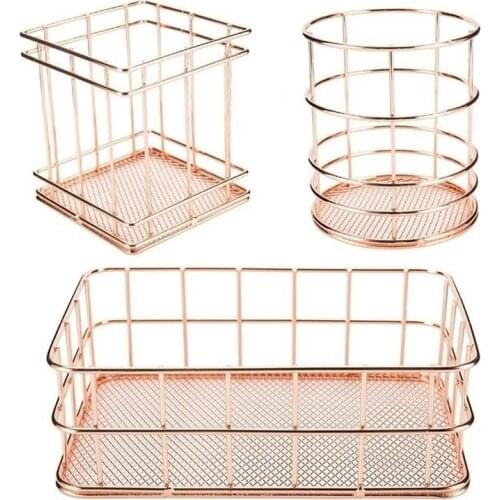 3 size Rose Gold Hollow Metal Pen Holder Pencil Makeup Storage Box Desktop Organizer Stand Case School Office Stationery