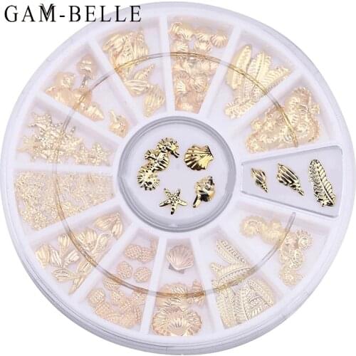 GAM-BELLE 1 Box Gold Ocean Theme Metal Nail Art Glitter 3D DIY Nail Art Decoration In Wheel Sea Starfish Shell Slice Stickers