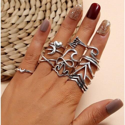 Modyle Boho Finger Rings Set for Women Punk Moon Heart Hollow Out Sliver Knuckle Rings Jewelry Gift