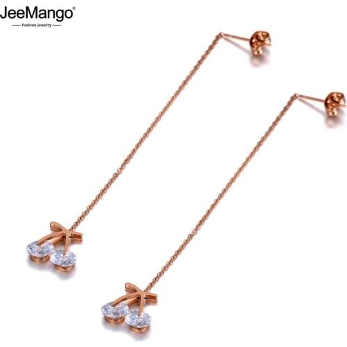 JeeMango New Stainless Steel CZ Crystal Cherry Fruit Tassel Earrings Rose Gold Ear Line Dangle Earrings For Women Girls JE20008