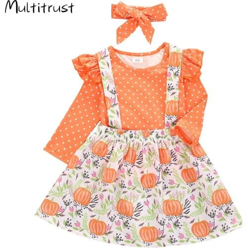Toddler Girl Clothes Halloween Suspender Skirt Suit Polka Dot Printed O-Neck Long Ruffle Sleeve Casual Headband 3 Pieces