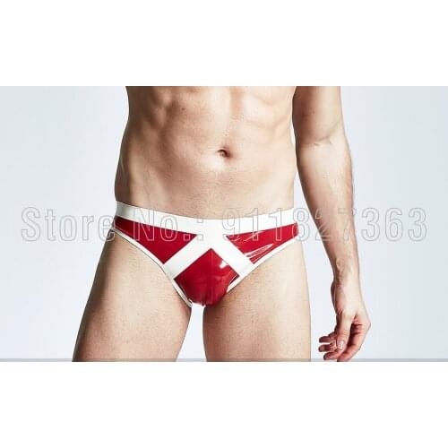 Sexy Rubber Male 100% Handmade Latex Briefs Man Shorts Red with White Trims Supply Plus Size Customized