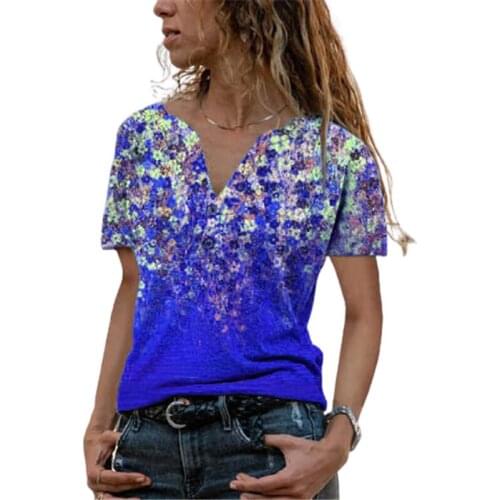 Flower Print Womens T-shirt Summer Short Sleeve Fashion T-shirt Loose V-neck High Street Top Womens Large Blue T-shirt Size